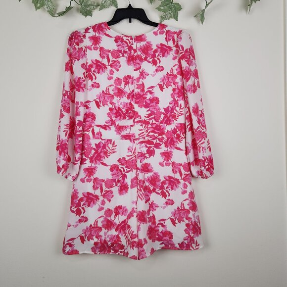 SUGAR LIPS Size L Floral Pink White Long Sleeve V-Neck Romper with Pockets - Picture 4 of 8